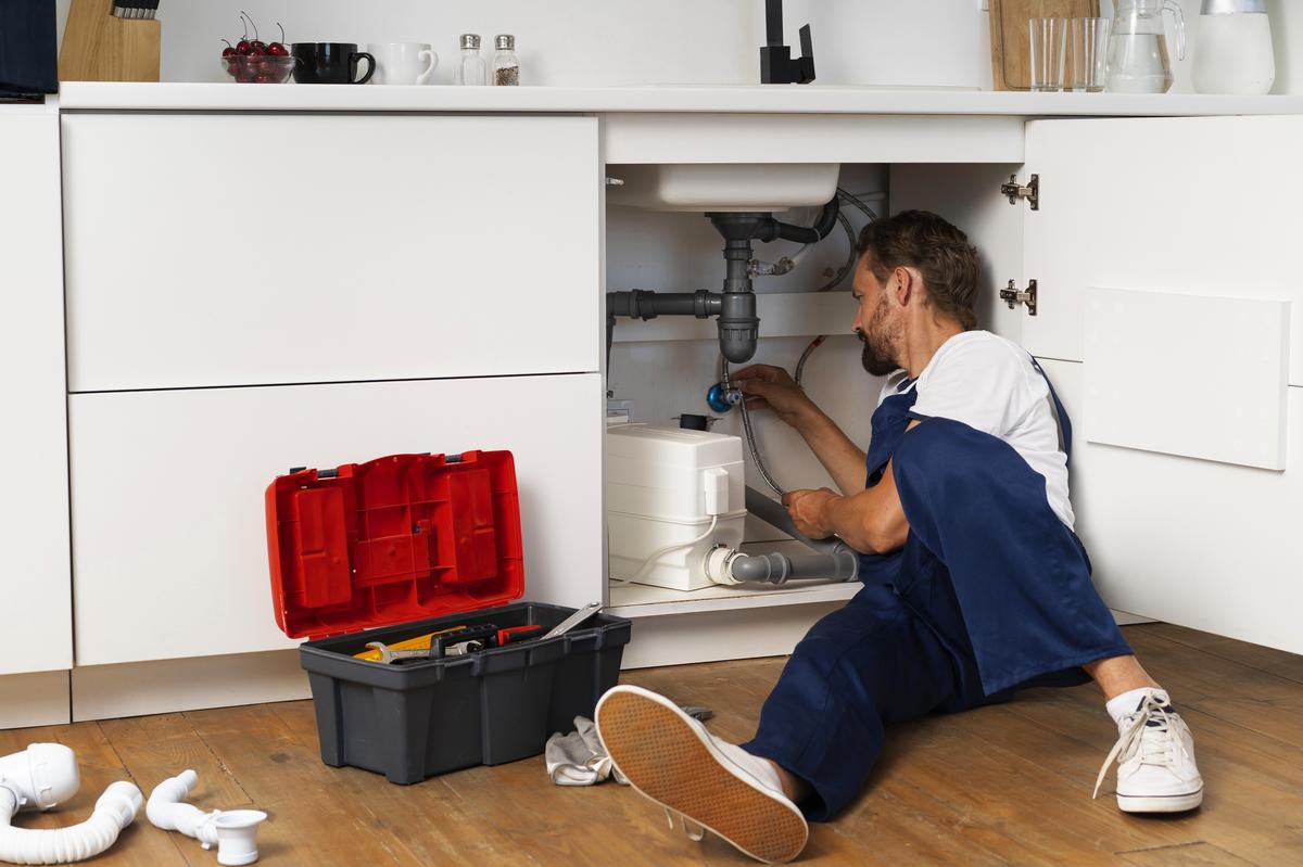 Plumber sitting on the floor reaching under a kitchen sink, with a red toolbox open nearby (sample photo)